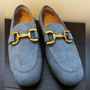 Blue Faux Suede Loafer with Gold Buckle, Flat Slip On Work Shoes, Size 7